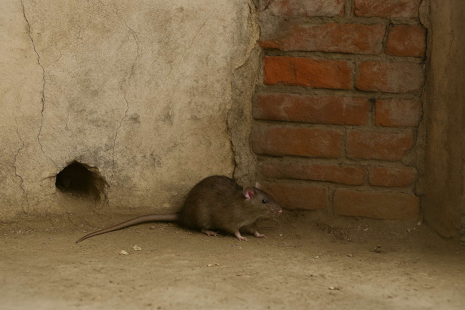 Rat brun s’introduisant dans un bâtiment ancien du Nord–Pas-de-Calais par une fissure murale, ambiance cave humide